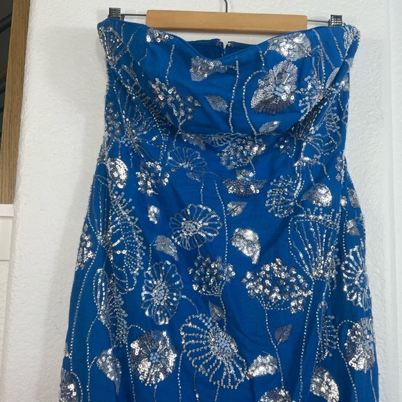 Milly Orion Sequin Embellished Linen Strapless Blue Floral Dress